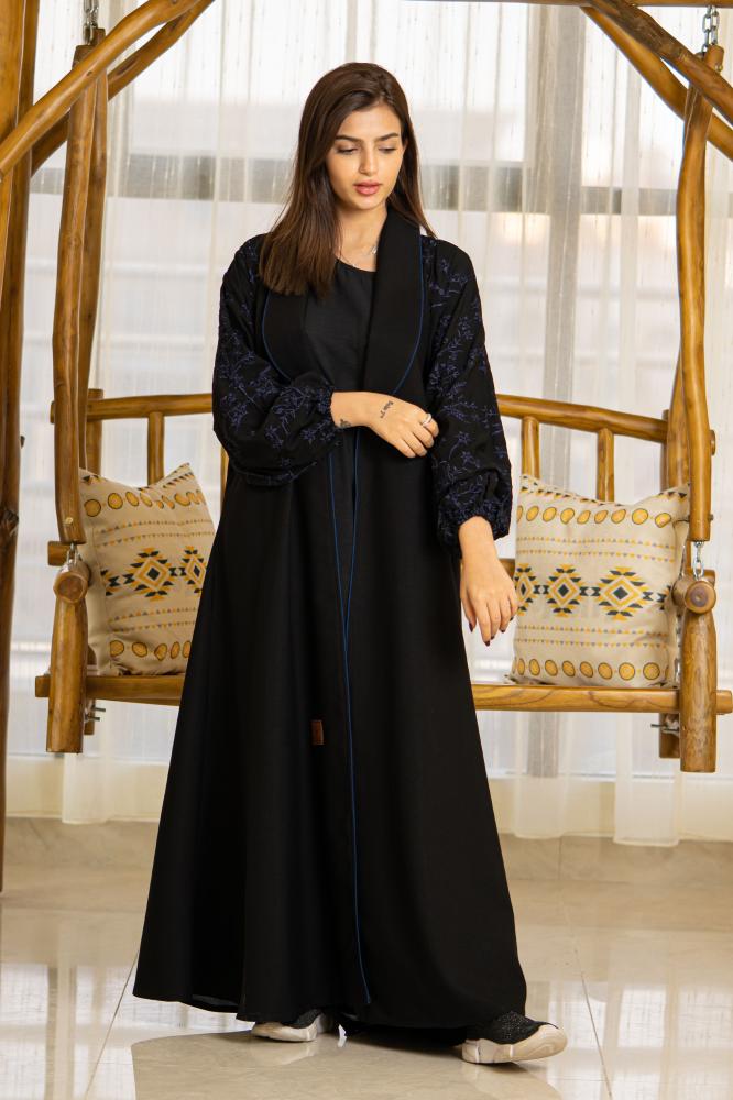 Wide-Collar Abaya with Navy Sleeve Embroidery